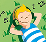 Illustration Kind liegt auf der Wiese und hört Musik